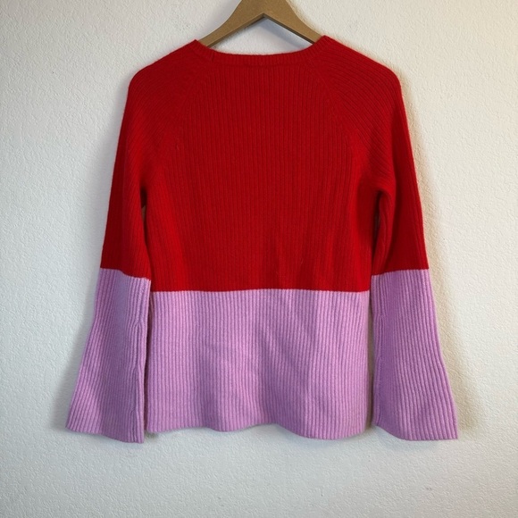 Ann Taylor Cashmere Red Pink Color Block Long Bell Sleeve Crewneck Sweater Top - Picture 6 of 8